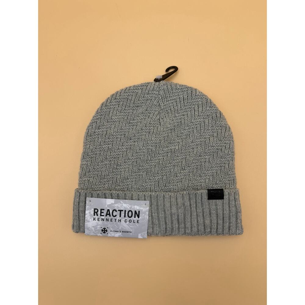 Kenneth Cole Reaction Mens Herringbone Fleece Lined Ribbed Knit Beanie Gray NWT